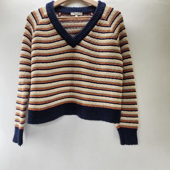 Madewell Arden V-Neck Crop Pullover Sweater Womens Small Multi Striped Knit - Picture 2 of 12
